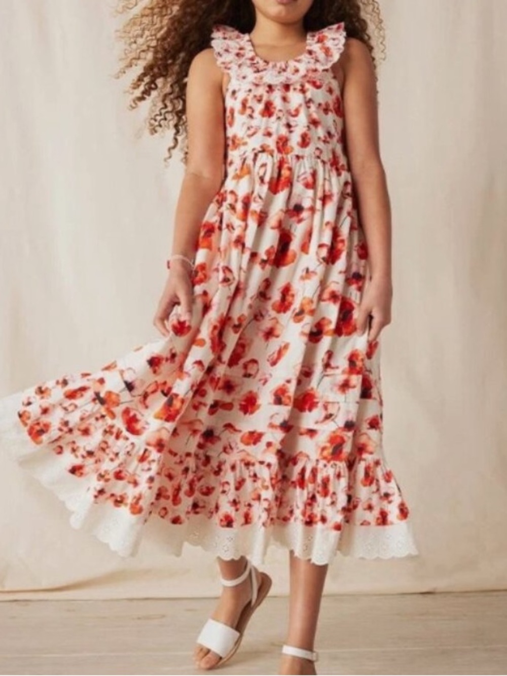 Matilda Jane Floral Ruffle Maxi Dress in Cream and Red Poppy Print EUC